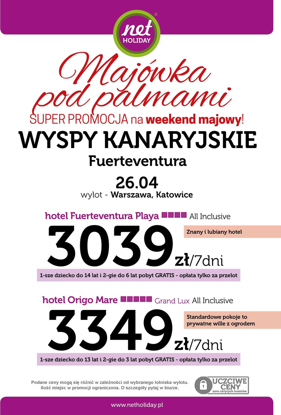 lat i 2-gie do 6 lat pobyt GRATIS - opłata tylko za przelot hotel Origo Mare Grand