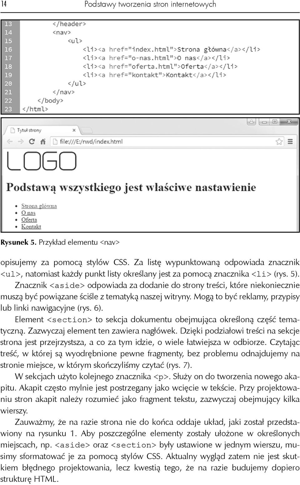 Znacznik <aside> odpowiada za dodanie do strony treści, które niekoniecznie muszą być powiązane ściśle z tematyką naszej witryny. Mogą to być reklamy, przypisy lub linki nawigacyjne (rys. 6).