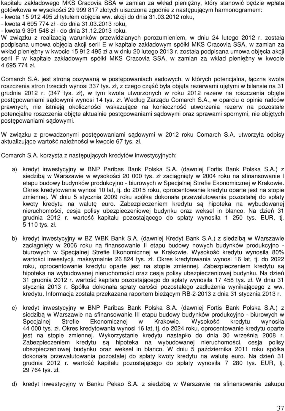 została podpisana umowa objęcia akcji serii E w kapitale zakładowym spółki MKS Cracovia SSA, w zamian za wkład pieniężny w kwocie 15 912 495 zł a w dniu 20 lutego 2013 r.