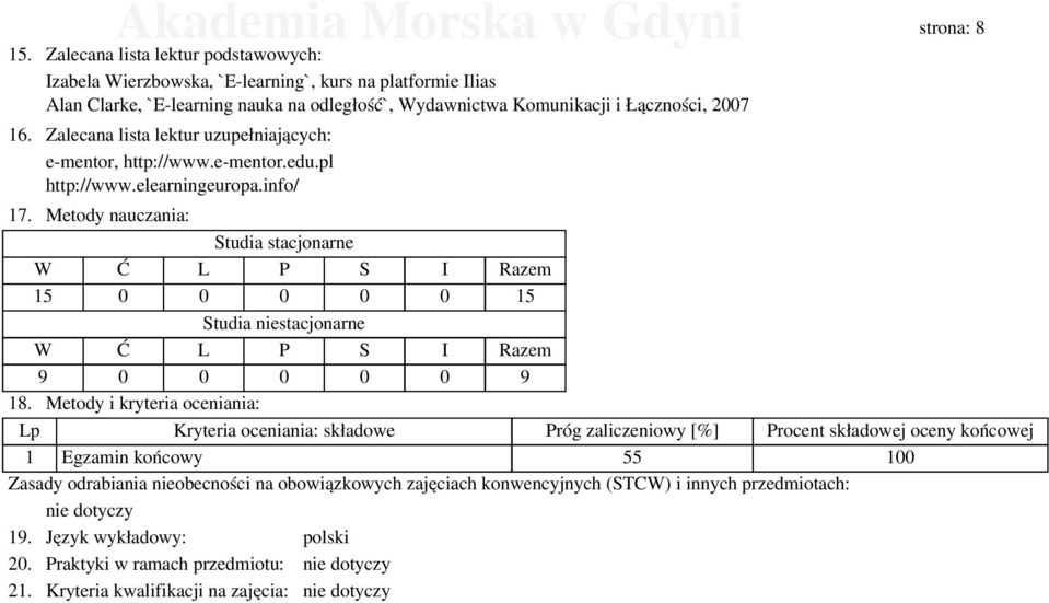 Zalecana lista lektur uzupełniających: e-mentor, http://www.e-mentor.edu.pl http://www.elearningeuropa.info/ 17.