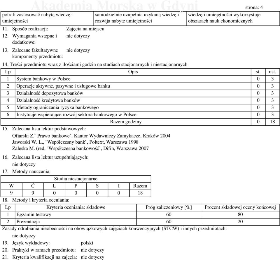 Treści przedmiotu wraz z ilościami godzin na studiach stacjonarnych i niestacjonarnych Lp Opis st. nst.