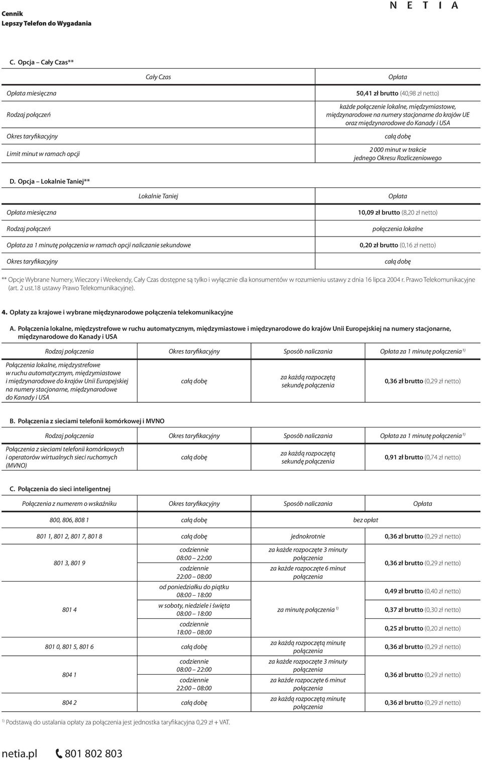 Opcja Lokalnie Taniej** Lokalnie Taniej miesięczna Rodzaj połączeń za 1 minutę w ramach opcji naliczanie sekundowe 10,09 zł brutto (8,20 zł netto) lokalne 0,20 zł brutto (0,16 zł netto) ** Opcje