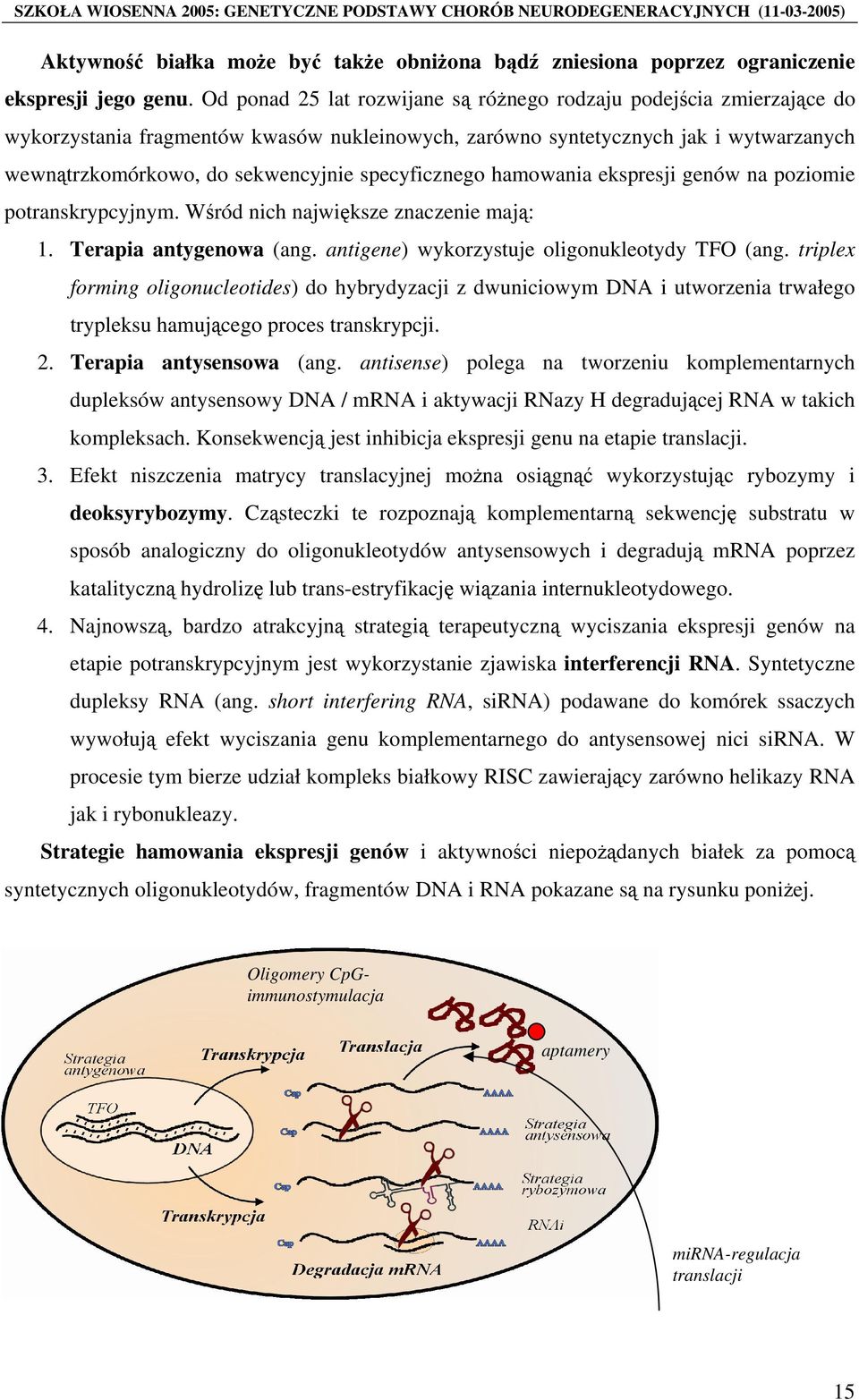 specyficznego hamowania ekspresji genów na poziomie potranskrypcyjnym. Wśród nich największe znaczenie mają: 1. Terapia antygenowa (ang. antigene) wykorzystuje oligonukleotydy TFO (ang.