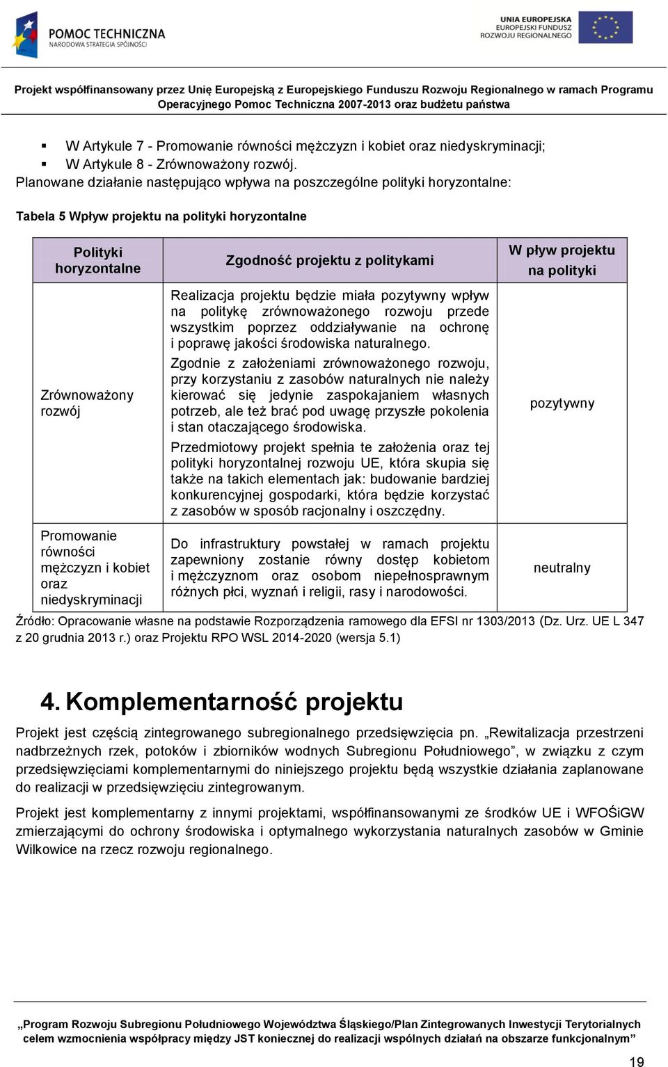 kobiet oraz niedyskryminacji Zgodność projektu z politykami Realizacja projektu będzie miała pozytywny wpływ na politykę zrównoważonego rozwoju przede wszystkim poprzez oddziaływanie na ochronę i