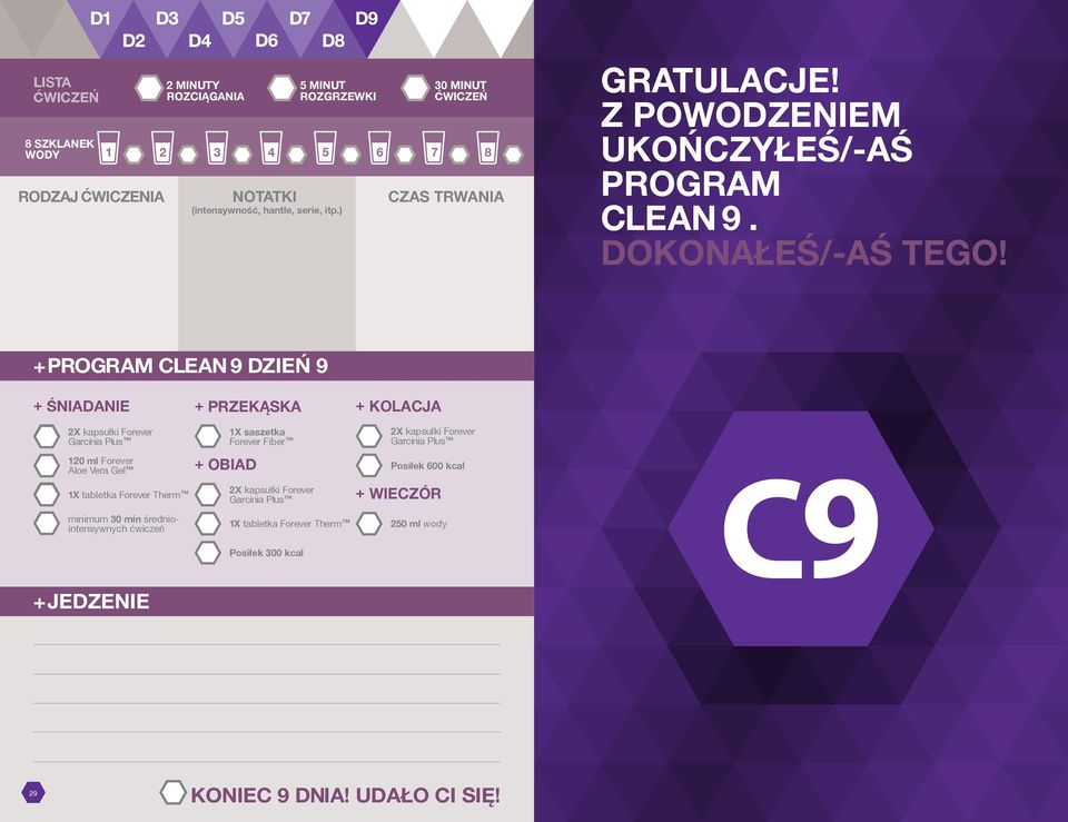 +PROGRAM CLEAN 9 DZIEŃ 9 + ŚNIADANIE 120 ml 1X tabletka Therm minimum 30 min średniointensywnych + PRZEKĄSKA + OBIAD