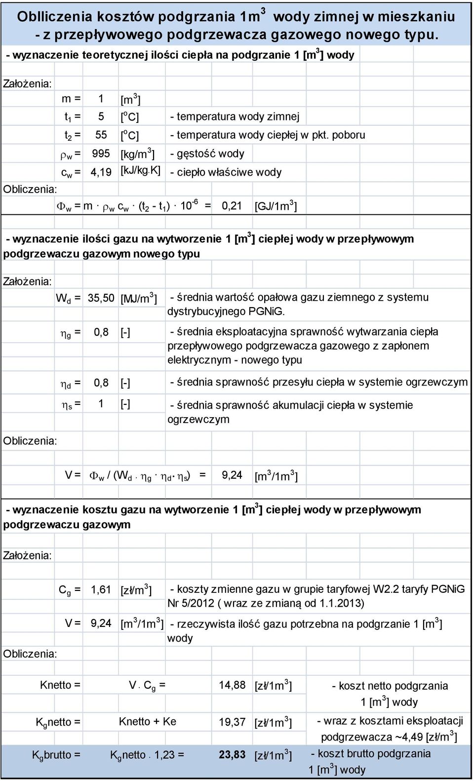 poboru ρ w = 995 [kg/m 3 - gęstość wody c w = 4,19 [kj/kg K - ciepło właściwe wody Φ w = m ρ w c w (t 2 - t 1 ) 10-6 = 0,21 [GJ/1m 3 - wyznaczenie ilości gazu na wytworzenie 1 [m 3 ciepłej wody w