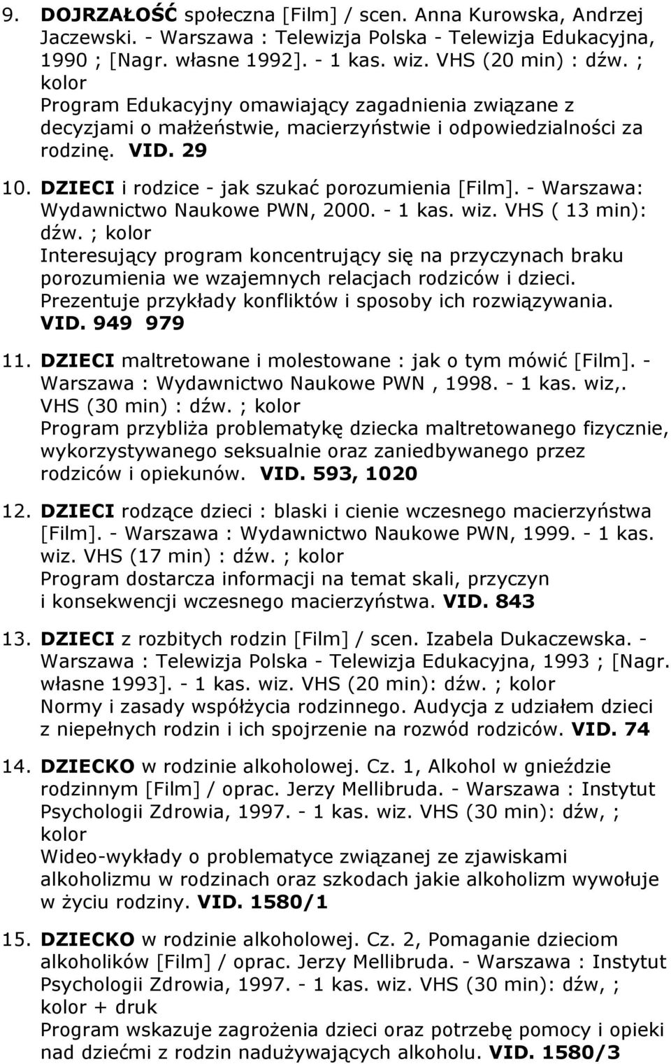 - Warszawa: Wydawnictwo Naukowe PWN, 2000. - 1 kas. wiz. VHS ( 13 min): dźw. ; Interesujący program koncentrujący się na przyczynach braku porozumienia we wzajemnych relacjach rodziców i dzieci.