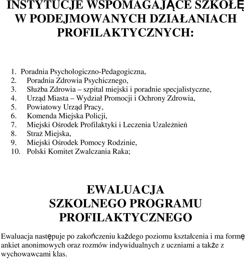 Miejski Ośrodek Profilaktyki i Leczenia Uzależnień 8. Straż Miejska, 9. Miejski Ośrodek Pomocy Rodzinie, 10.