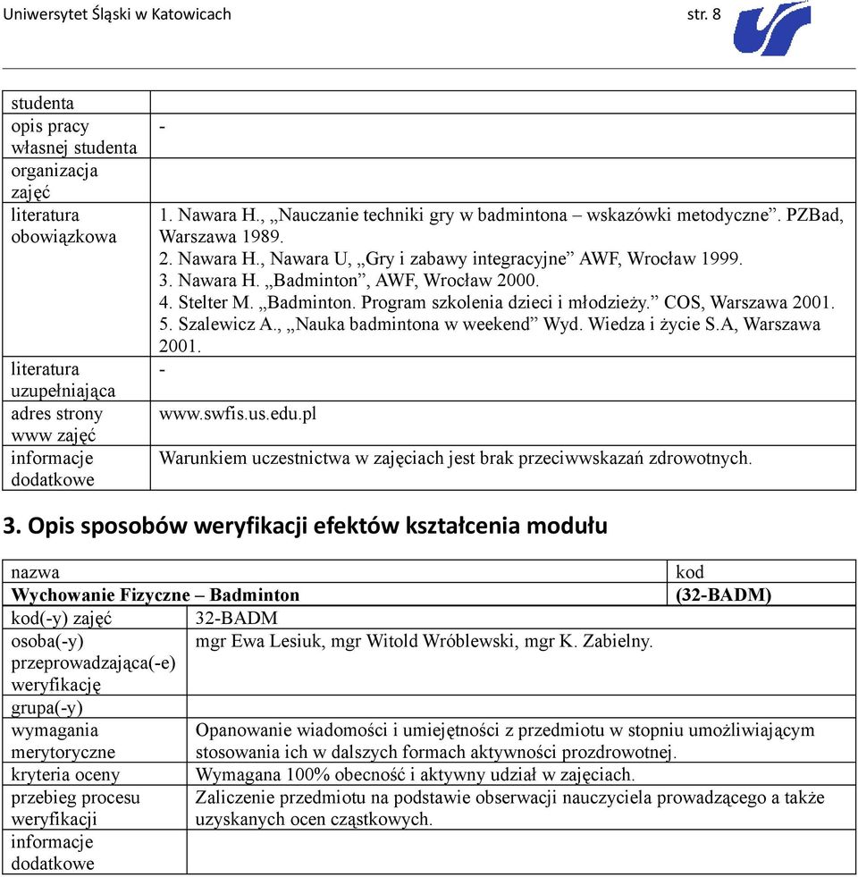Stelter M. Badminton. Program szkolenia dzieci i młodzieży. COS, Warszawa 2001. 5. Szalewicz A., Nauka badmintona w weekend Wyd. Wiedza i życie S.A, Warszawa 2001. www.swfis.us.edu.