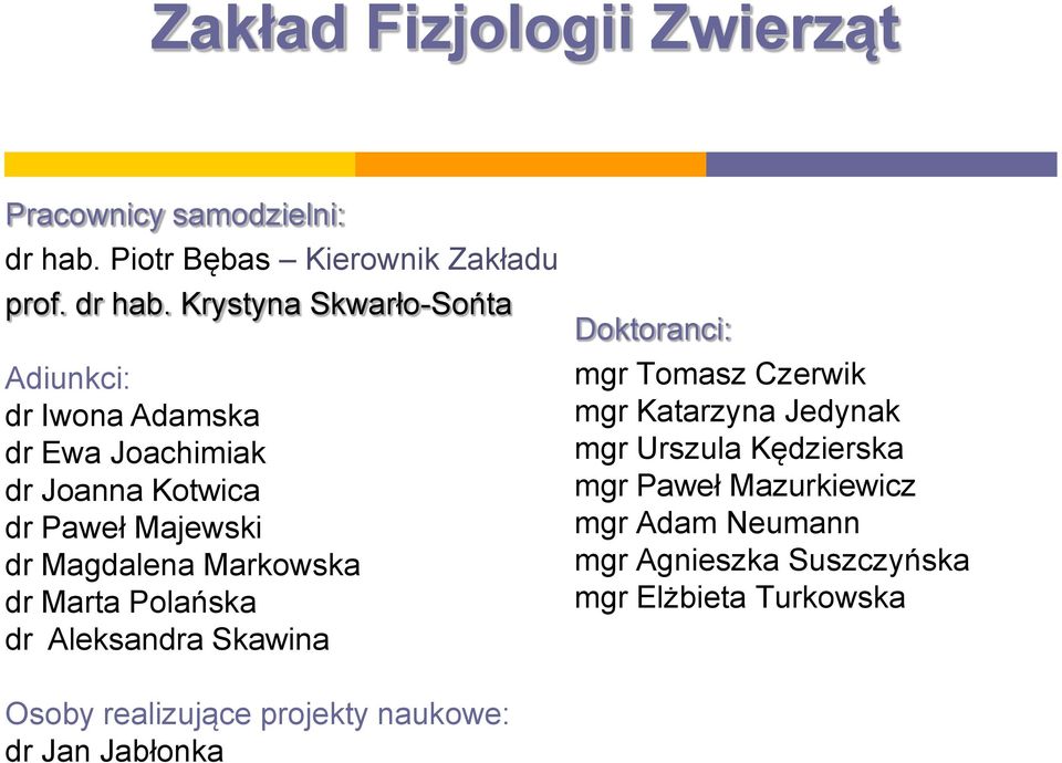 Krystyna Skwarło-Sońta Adiunkci: dr Iwona Adamska dr Ewa Joachimiak dr Joanna Kotwica dr Paweł Majewski dr Magdalena