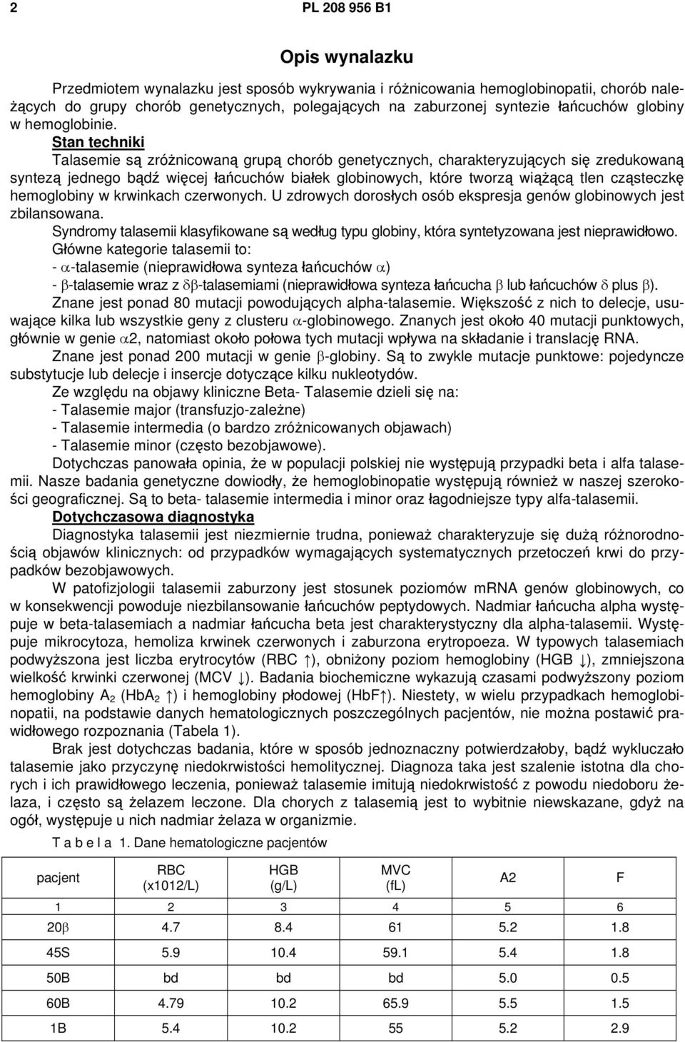 Stan techniki Talasemie są zróżnicowaną grupą chorób genetycznych, charakteryzujących się zredukowaną syntezą jednego bądź więcej łańcuchów białek globinowych, które tworzą wiążącą tlen cząsteczkę