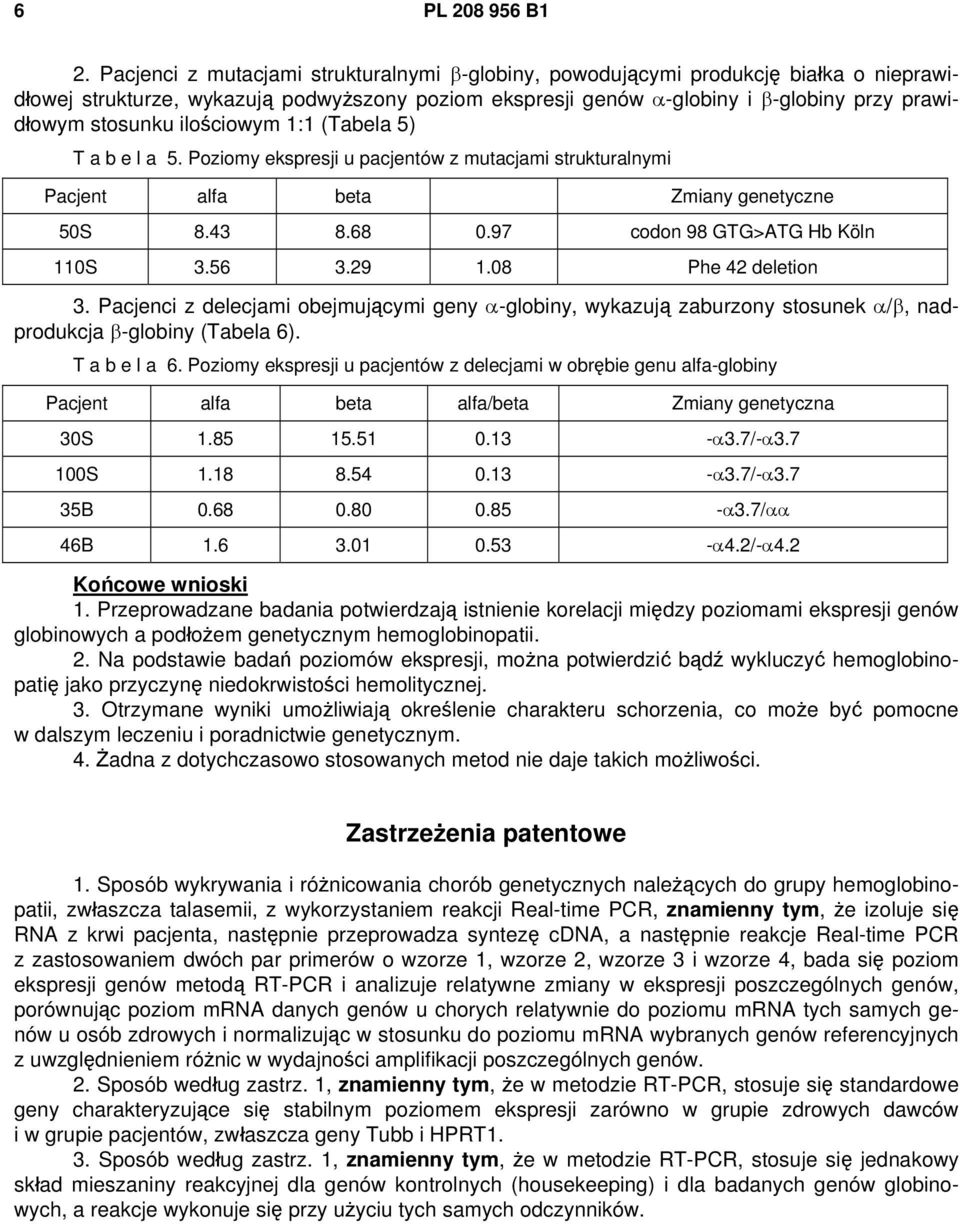 ilościowym 1:1 (Tabela 5) T a b e l a 5. Poziomy ekspresji u pacjentów z mutacjami strukturalnymi Pacjent alfa beta Zmiany genetyczne 50S 8.43 8.68 0.97 codon 98 GTG>ATG Hb Köln 110S 3.56 3.29 1.