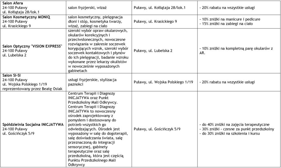 1-20% rabatu na wszystkie usługi salon kosmetyczny, pielęgnacja dłoni i stóp, kosmetyka twarzy, wizaż, zabiegi na ciało szeroki wybór opraw okularowych, okularów korekcyjnych i przeciwsłonecznych,