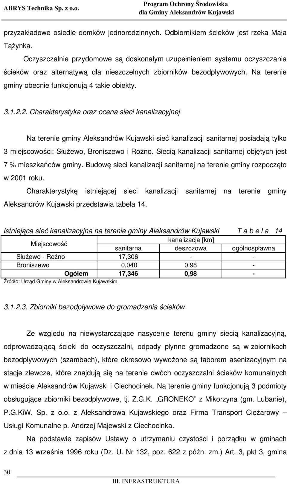 1.2.2. Charakterystyka oraz ocena sieci kanalizacyjnej Na terenie gminy Aleksandrów Kujawski sieć kanalizacji sanitarnej posiadają tylko 3 miejscowości: Służewo, Broniszewo i Rożno.