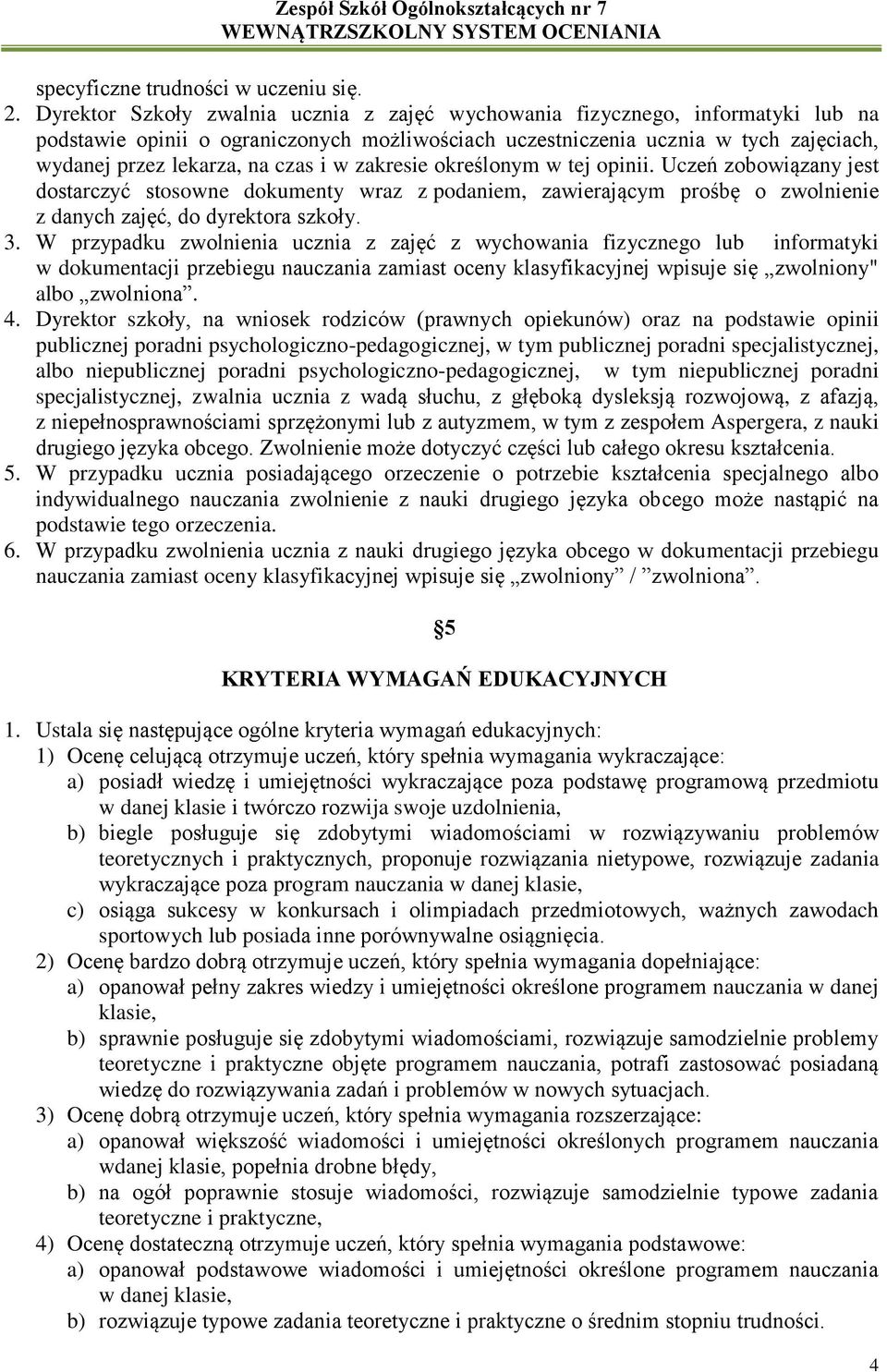 i w zakresie określonym w tej opinii. Uczeń zobowiązany jest dostarczyć stosowne dokumenty wraz z podaniem, zawierającym prośbę o zwolnienie z danych zajęć, do dyrektora szkoły. 3.