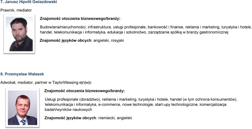 Przemysław Walasek Adwokat, mediator, partner w TaylorWessing e n w c Usługi profesjonale (doradztwo), reklama i marketing, turystyka i hotele, handel (w tym