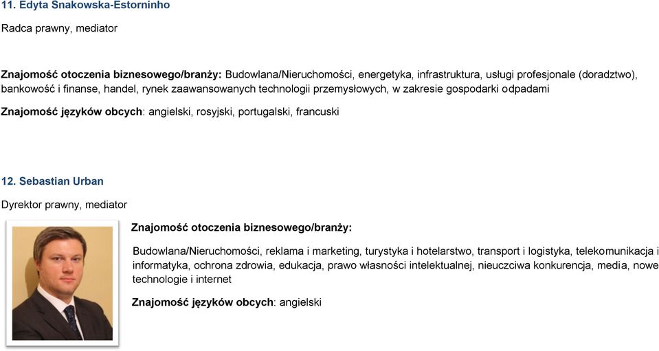 12. Sebastian Urban Dyrektor prawny, mediator Budowlana/Nieruchomości, reklama i marketing, turystyka i hotelarstwo, transport i logistyka,