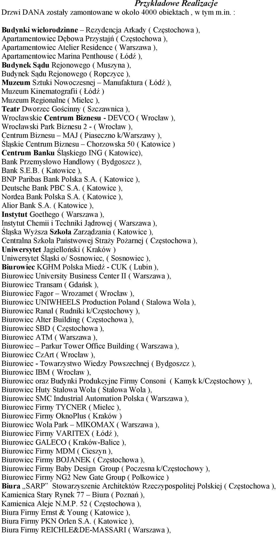 Budynek Sądu Rejonowego ( Muszyna ), Budynek Sądu Rejonowego ( Ropczyce ), Muzeum Sztuki Nowoczesnej Manufaktura ( Łódź ), Muzeum Kinematografii ( Łódź ) Muzeum Regionalne ( Mielec ), Teatr Dworzec