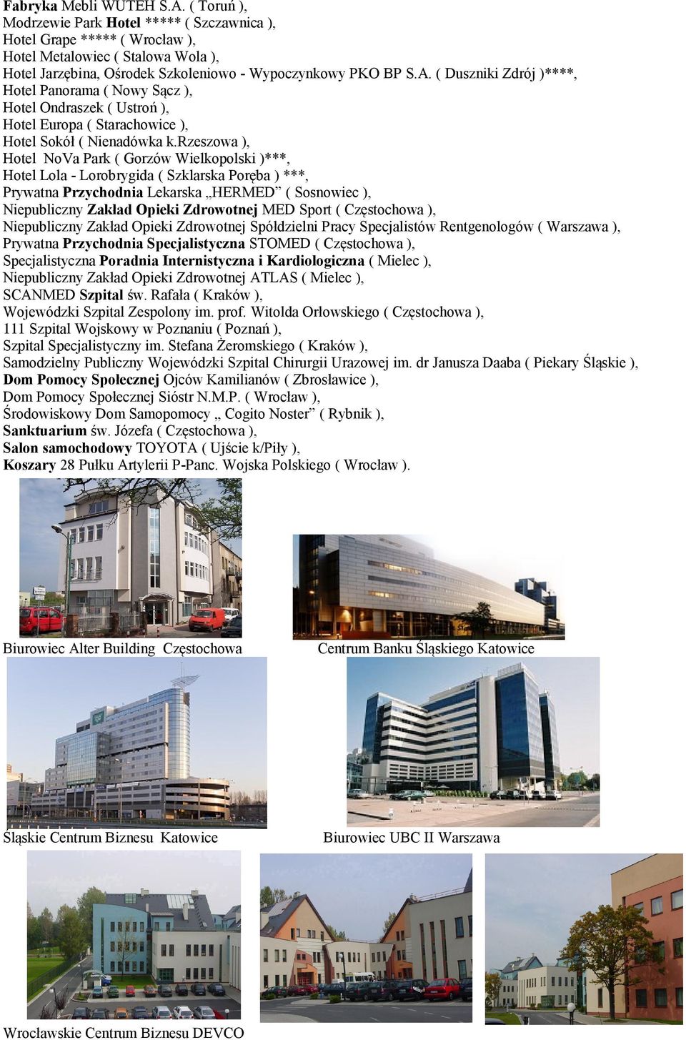 ( Duszniki Zdrój )****, Hotel Panorama ( Nowy Sącz ), Hotel Ondraszek ( Ustroń ), Hotel Europa ( Starachowice ), Hotel Sokół ( Nienadówka k.