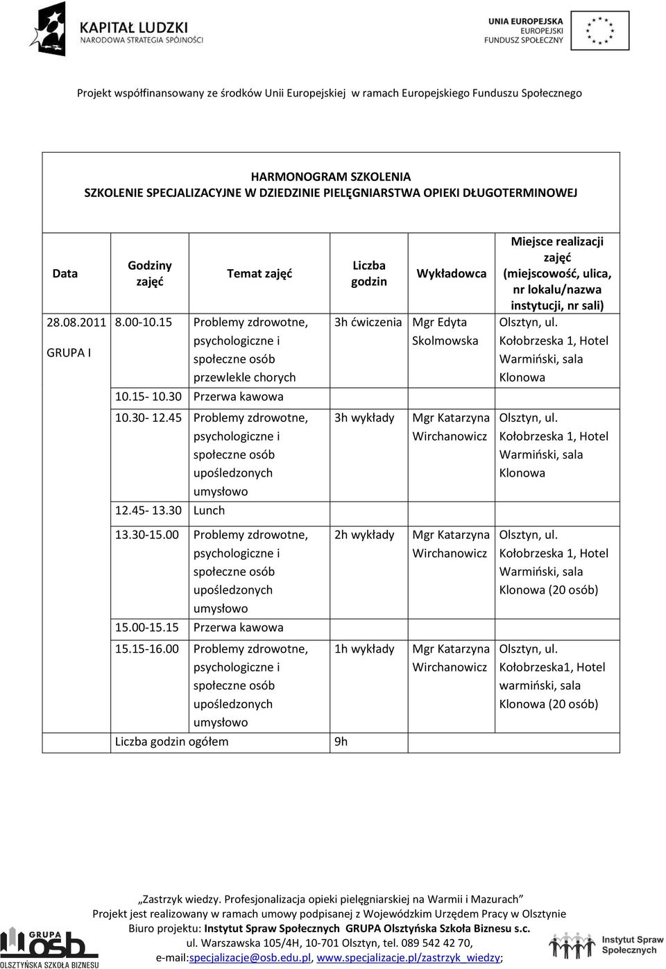 45-13.30 Lunch Mgr Katarzyna Wirchanowicz 13.30-15.00 Problemy zdrowotne, upośledzonych umysłowo 15.00-15.