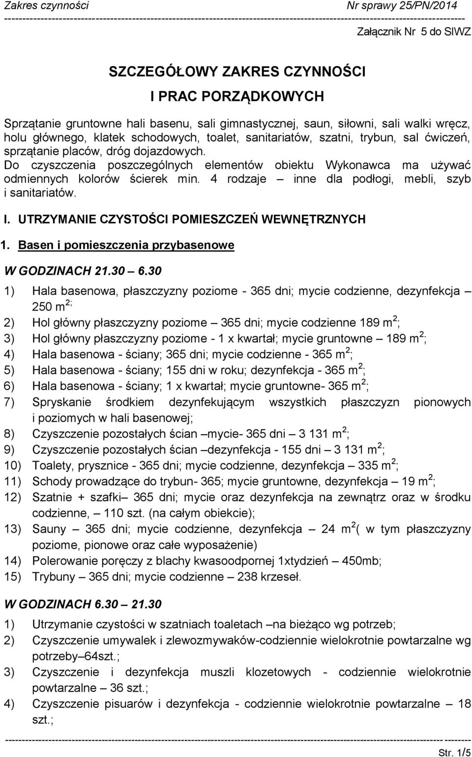 4 rodzaje inne dla podłogi, mebli, szyb i sanitariatów. I. UTRZYMANIE CZYSTOŚCI POMIESZCZEŃ WEWNĘTRZNYCH 1. Basen i pomieszczenia przybasenowe W GODZINACH 21.30 6.