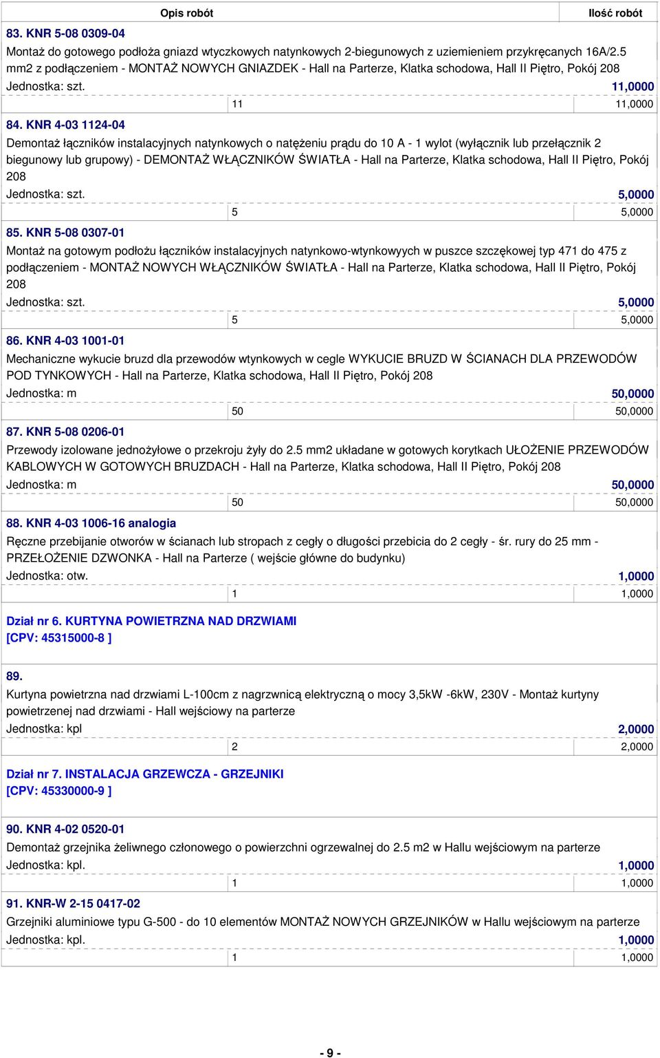 KNR 4-03 1124-04 11 11,0000 Demontaż łączników instalacyjnych natynkowych o natężeniu prądu do 10 A - 1 wylot (wyłącznik lub przełącznik 2 biegunowy lub grupowy) - DEMONTAŻ WŁĄCZNIKÓW ŚWIATŁA - Hall