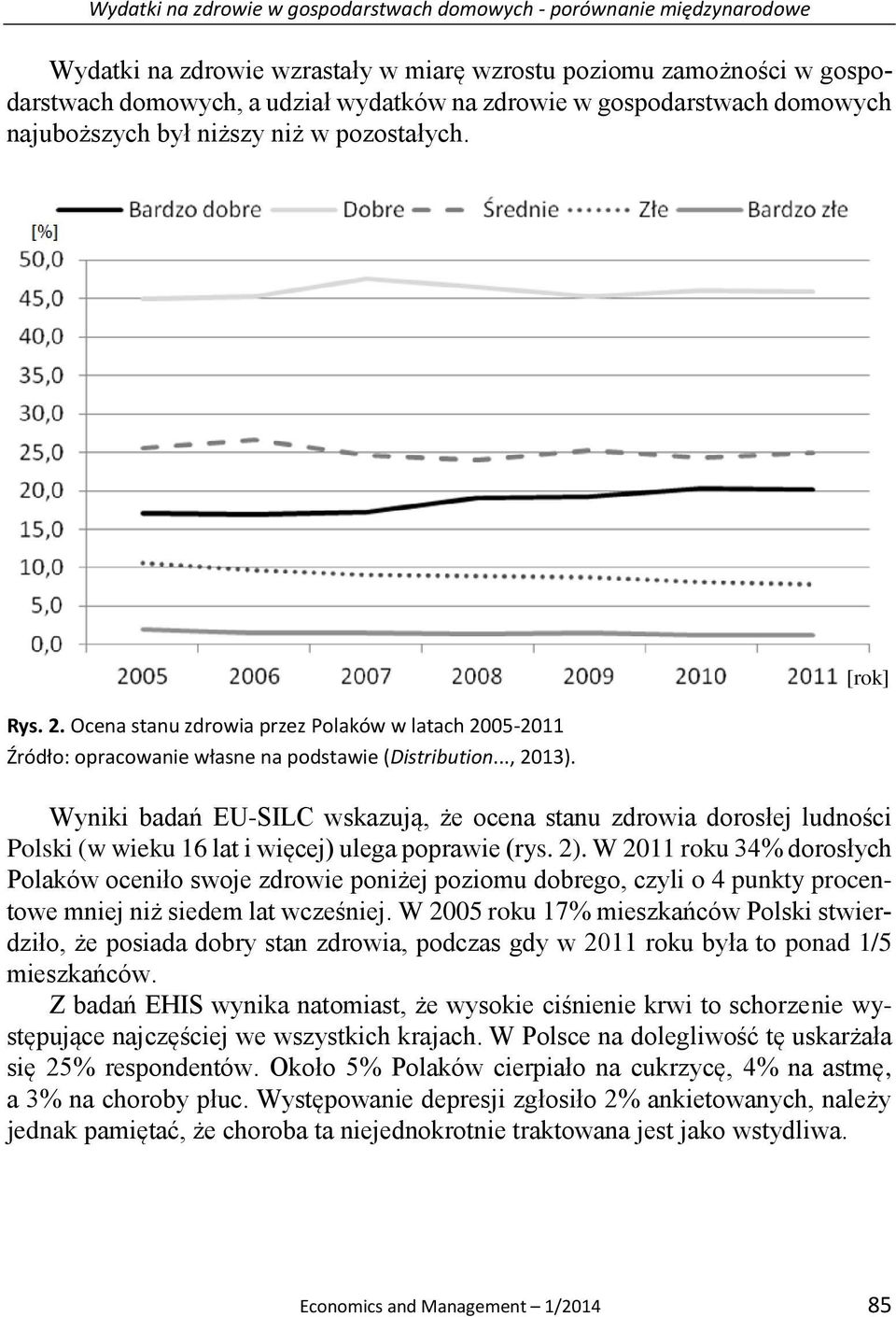 [rok] Wyniki badań EU-SILC wskazują, że ocena stanu zdrowia dorosłej ludności Polski (w wieku 16 lat i więcej) ulega poprawie (rys. 2).