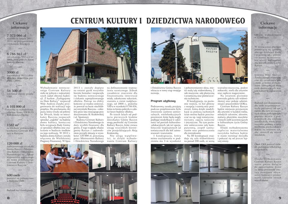 W nowoczesnej placówce pomieszczą się zarówno obecnie działające kluby i pracownie jak i powstanie szansa na rozszerzenie oferty kulturalnej dla mieszkańców Gminy 8 786 865 zł odzyskanego VAT-u z lat