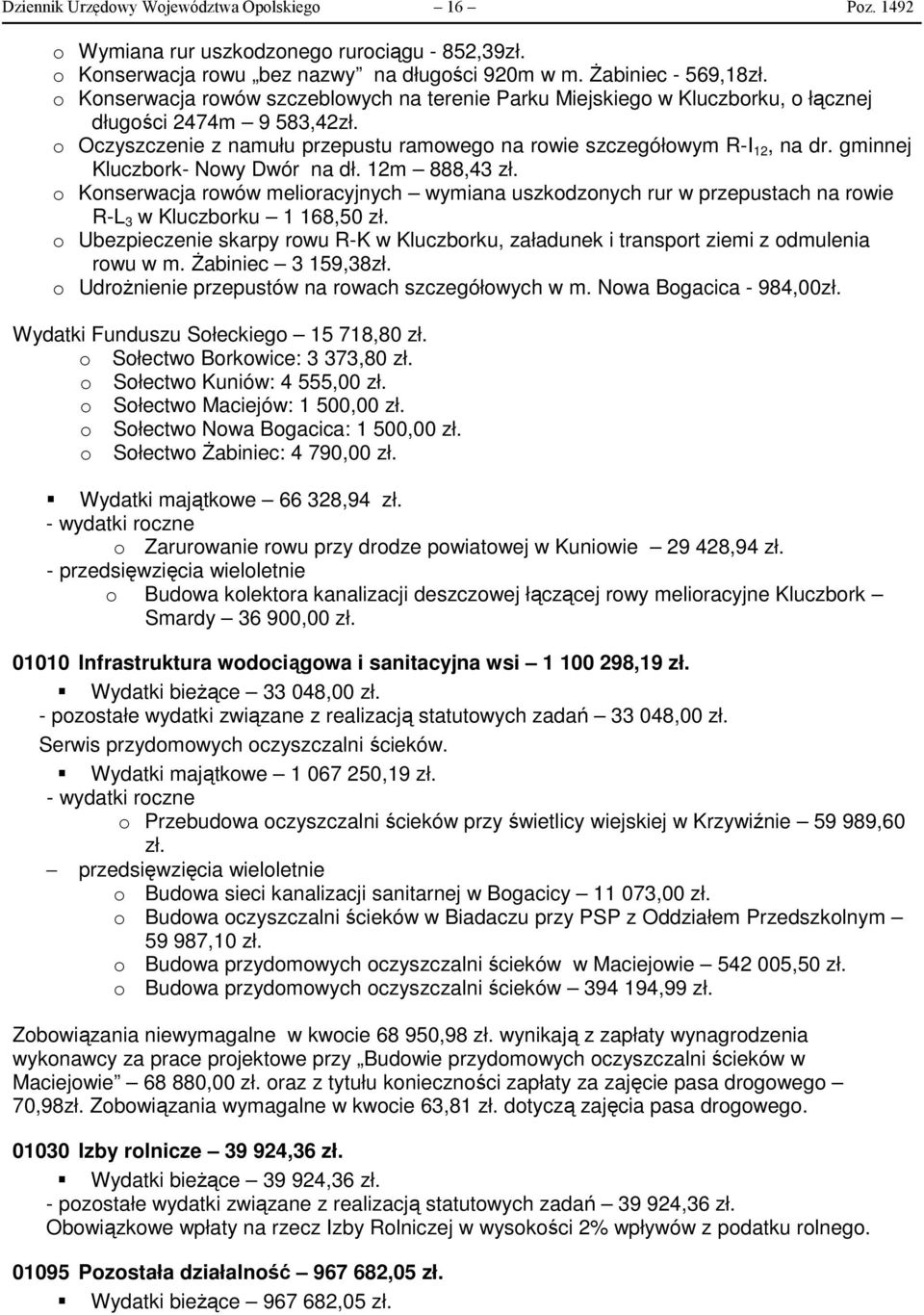 gminnej Kluczbork- Nowy Dwór na dł. 12m 888,43 zł. o Konserwacja rowów melioracyjnych wymiana uszkodzonych rur w przepustach na rowie R-L 3 w Kluczborku 1 168,50 zł.