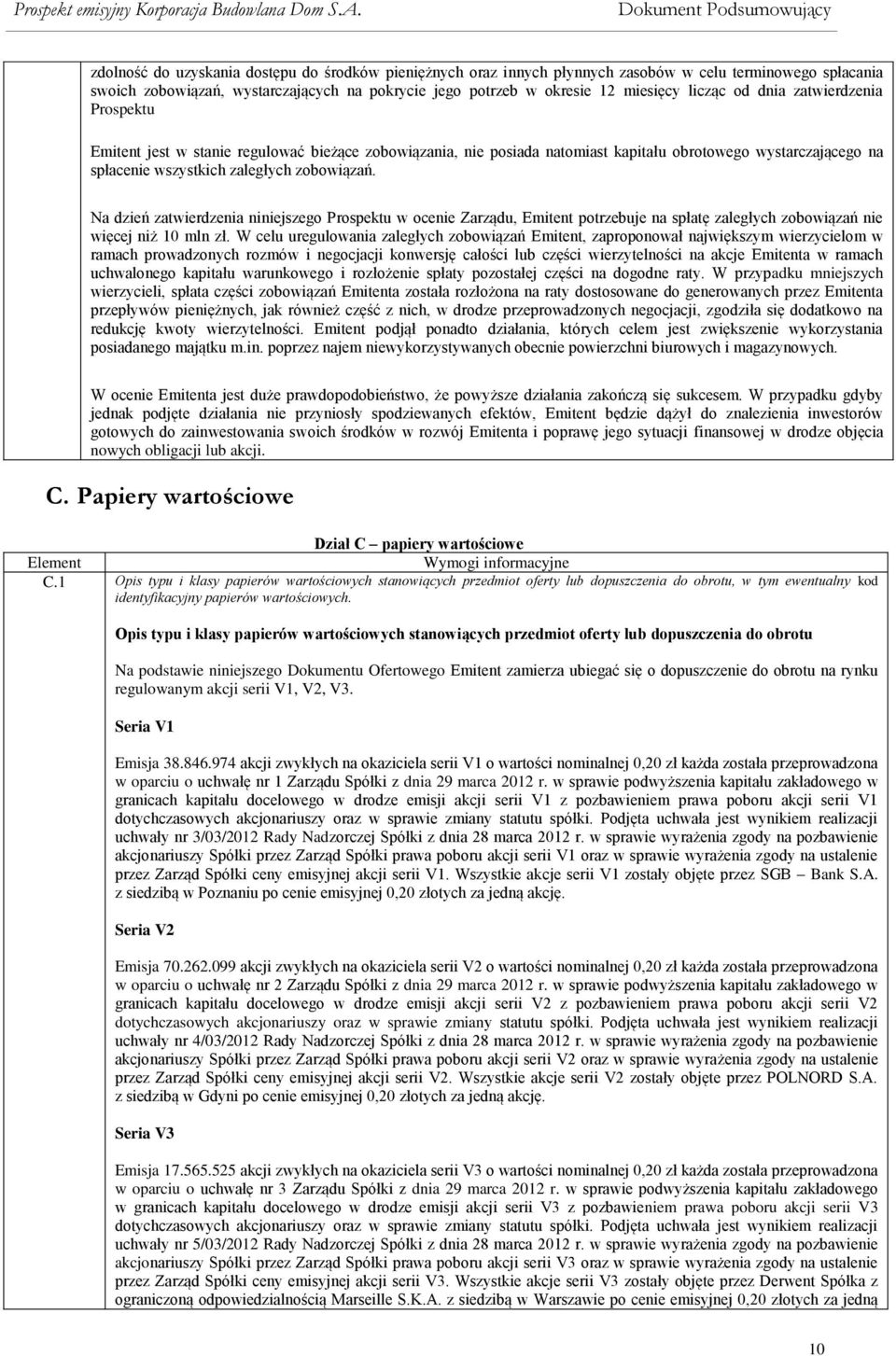 Na dzień zatwierdzenia niniejszego Prospektu w ocenie Zarządu, Emitent potrzebuje na spłatę zaległych zobowiązań nie więcej niż 10 mln zł.