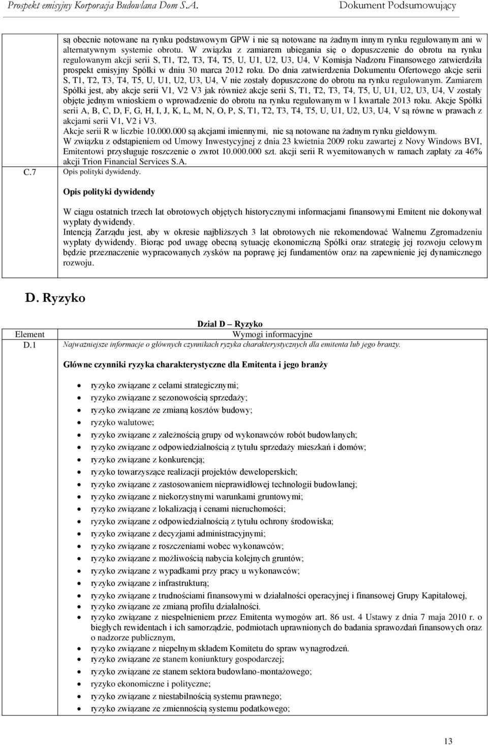 Spółki w dniu 30 marca 2012 roku. Do dnia zatwierdzenia Dokumentu Ofertowego akcje serii S, T1, T2, T3, T4, T5, U, U1, U2, U3, U4, V nie zostały dopuszczone do obrotu na rynku regulowanym.