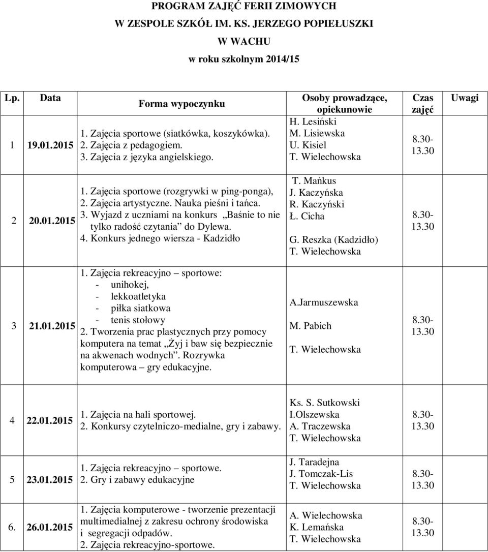 Zaj cia artystyczne. Nauka pie ni i ta ca. 3. Wyjazd z uczniami na konkurs Ba nie to nie tylko rado czytania do Dylewa. 4. Konkurs jednego wiersza - Kadzid o 1.