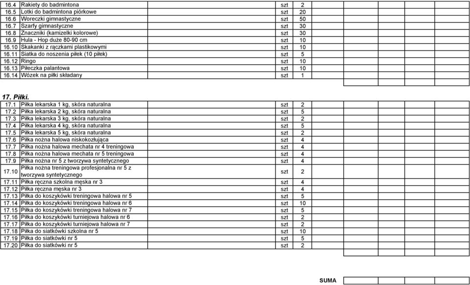 17.1 Piłka lekarska 1 kg, skóra naturalna 17.2 Piłka lekarska 2 kg, skóra naturalna szt 5 17.3 Piłka lekarska 3 kg, skóra naturalna 17.4 Piłka lekarska 4 kg, skóra naturalna szt 5 17.