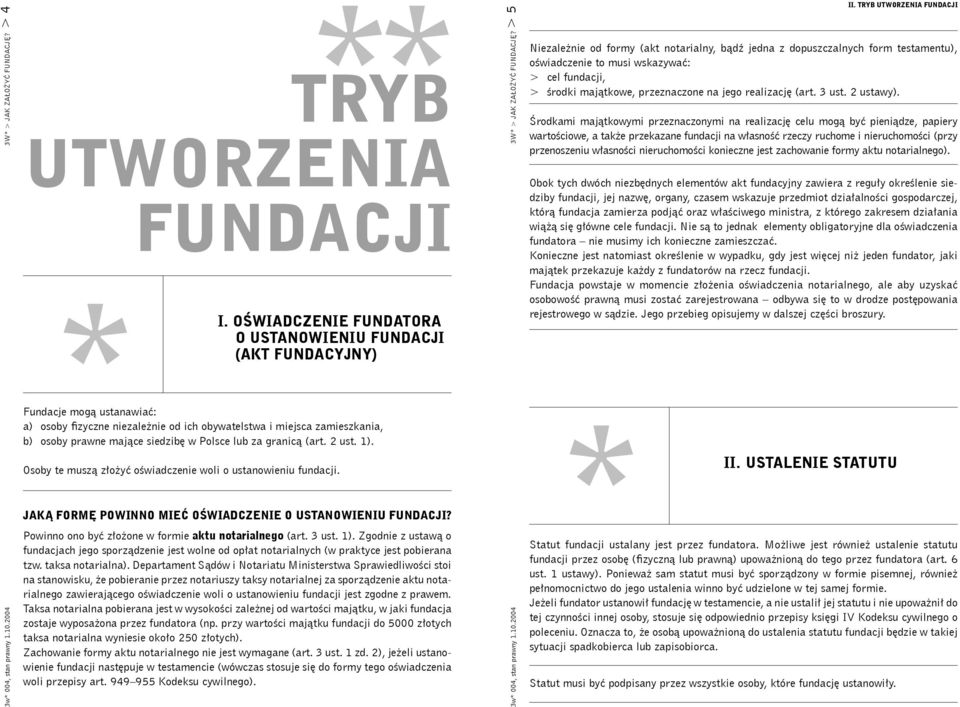 prawne mające siedzibę w Polsce lub za granicą (art. 2 ust. 1). Osoby te muszą złożyć oświadczenie woli o ustanowieniu fundacji. JAKĄ FORMĘ POWINNO MIEĆ OŚWIADCZENIE O USTANOWIENIU FUNDACJI?
