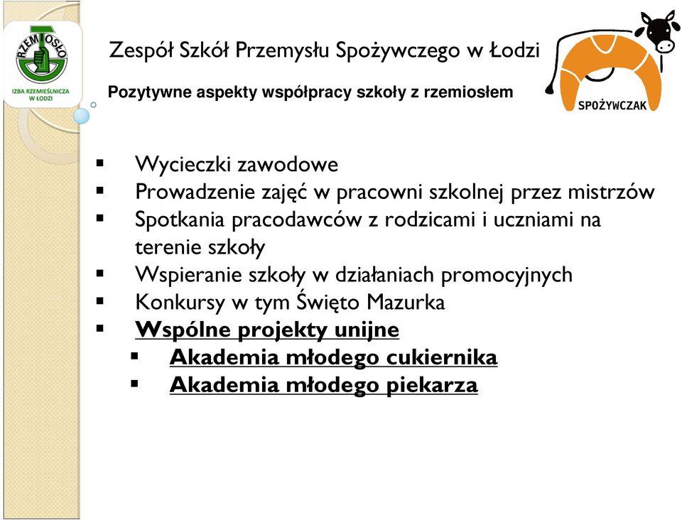 z rodzicami i uczniami na terenie szkoły Wspieranie szkoły w działaniach promocyjnych Konkursy