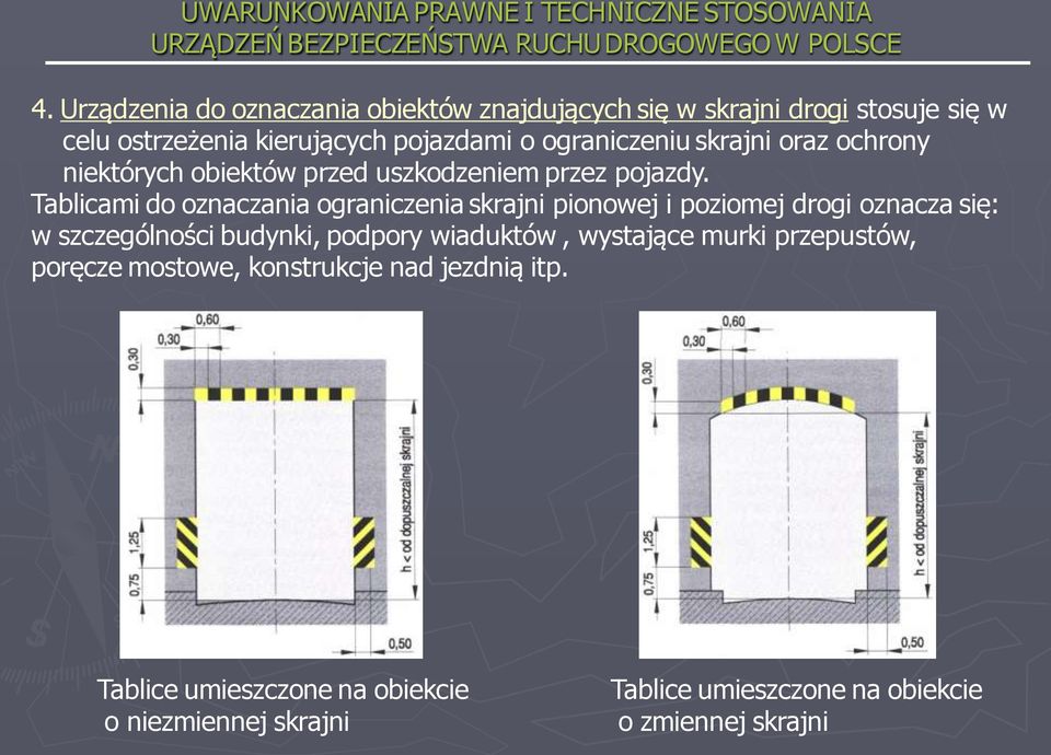 Tablicami do oznaczania ograniczenia skrajni pionowej i poziomej drogi oznacza się: w szczególności budynki, podpory wiaduktów,