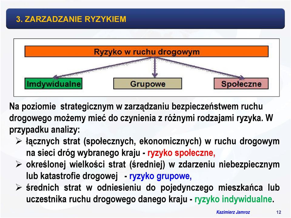 W przypadku analizy: łącznych strat (społecznych, ekonomicznych) w ruchu drogowym na sieci dróg wybranego kraju - ryzyko społeczne,
