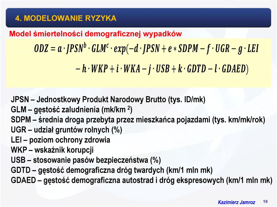 km/mk/rok) UGR udział gruntów rolnych (%) LEI poziom ochrony zdrowia WKP wskaźnik korupcji USB stosowanie pasów