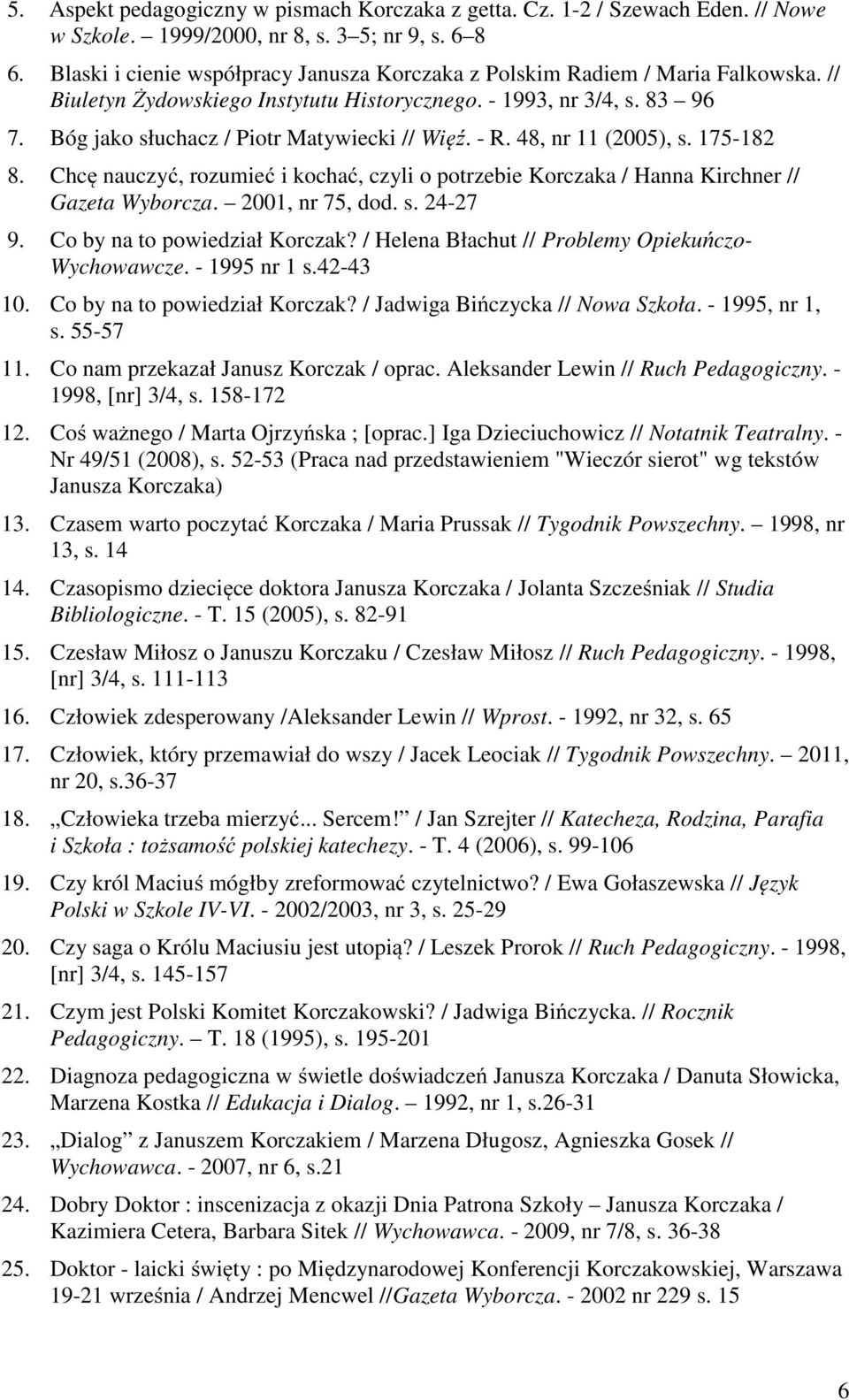 Bóg jako słuchacz / Piotr Matywiecki // Więź. - R. 48, nr 11 (2005), s. 175-182 8. Chcę nauczyć, rozumieć i kochać, czyli o potrzebie Korczaka / Hanna Kirchner // Gazeta Wyborcza. 2001, nr 75, dod. s. 24-27 9.