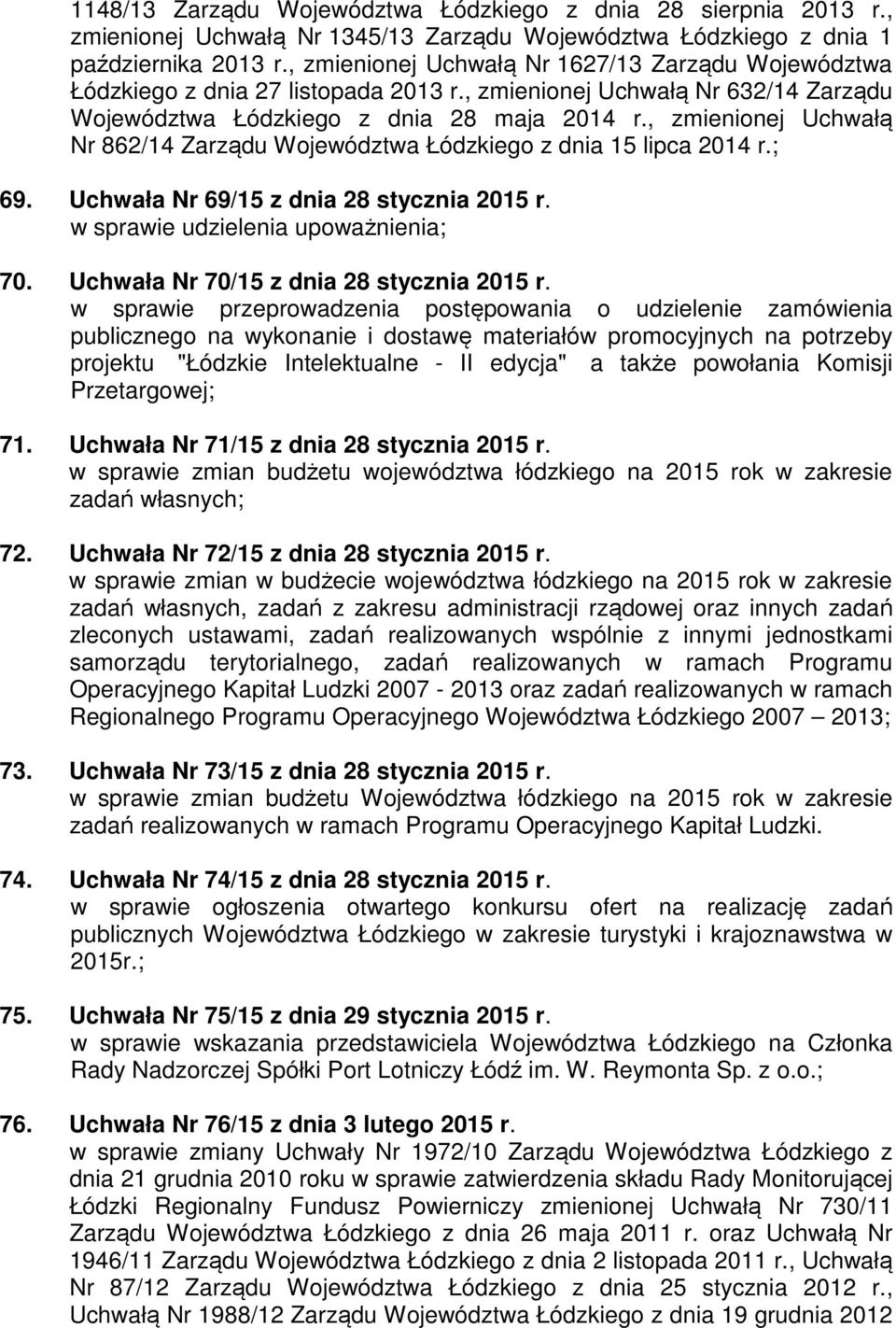 , zmienionej Uchwałą Nr 862/14 Zarządu Województwa Łódzkiego z dnia 15 lipca 2014 r.; 69. Uchwała Nr 69/15 z dnia 28 stycznia 2015 r. w sprawie udzielenia upoważnienia; 70.