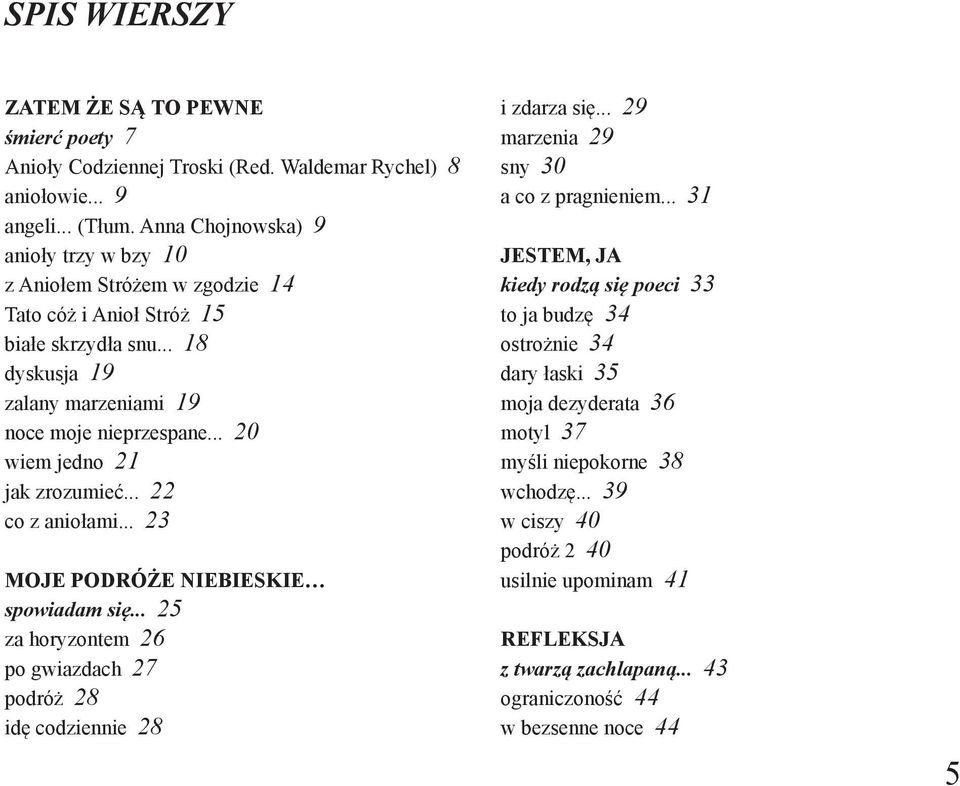 .. 20 wiem jedno 21 jak zrozumieć... 22 co z aniołami... 23 MOJE PODRÓŻE NIEBIESKIE spowiadam się... 25 za horyzontem 26 po gwiazdach 27 podróż 28 idę codziennie 28 i zdarza się.