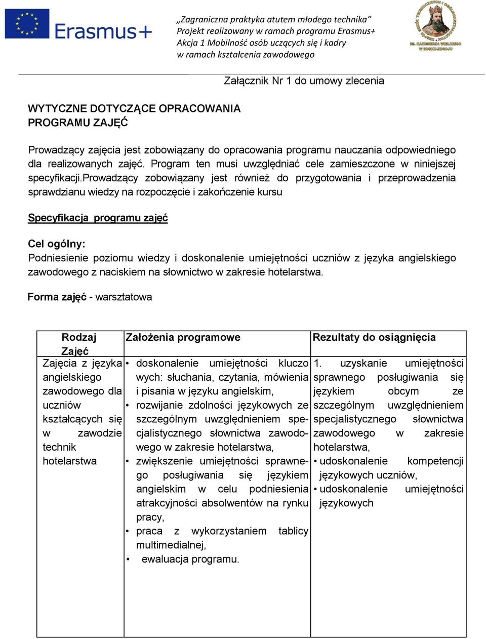 prowadzący zobowiązany jest również do przygotowania i przeprowadzenia sprawdzianu wiedzy na rozpoczęcie i zakończenie kursu Specyfikacja programu zajęć Cel ogólny: Podniesienie poziomu wiedzy i
