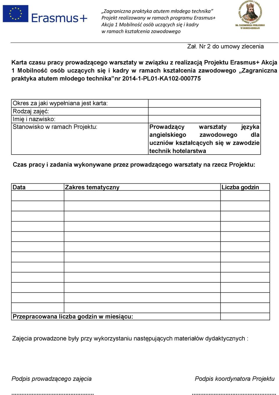 zawodowego dla uczniów kształcących się w zawodzie technik hotelarstwa Czas pracy i zadania wykonywane przez prowadzącego warsztaty na rzecz Projektu: Data Zakres tematyczny Liczba