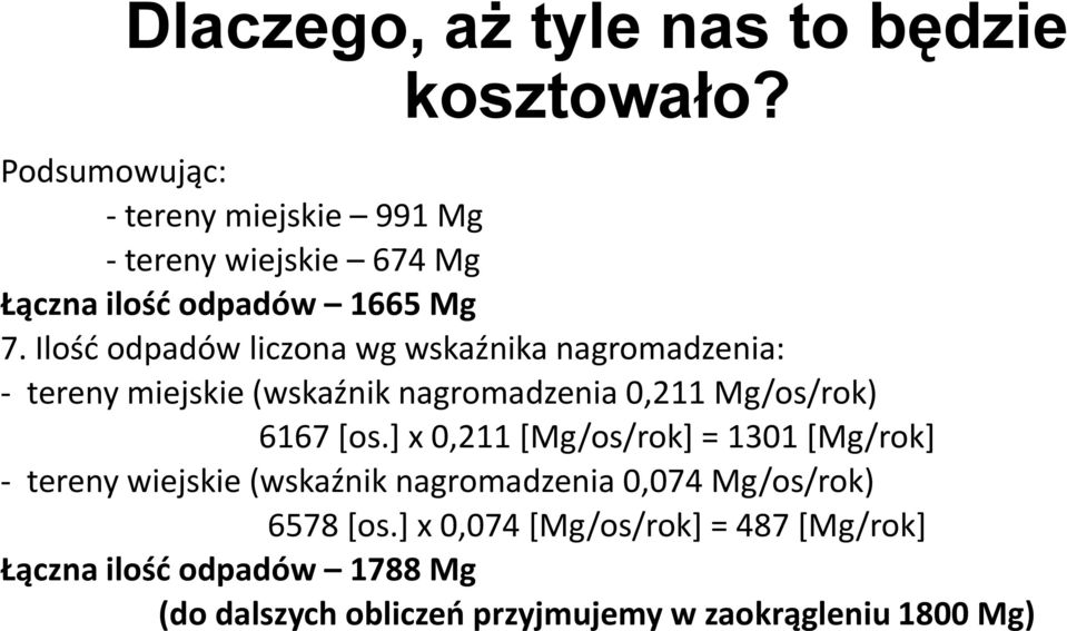 Ilość odpadów liczona wg wskaźnika nagromadzenia: - tereny miejskie (wskaźnik nagromadzenia 0,211 Mg/os/rok) 6167 [os.