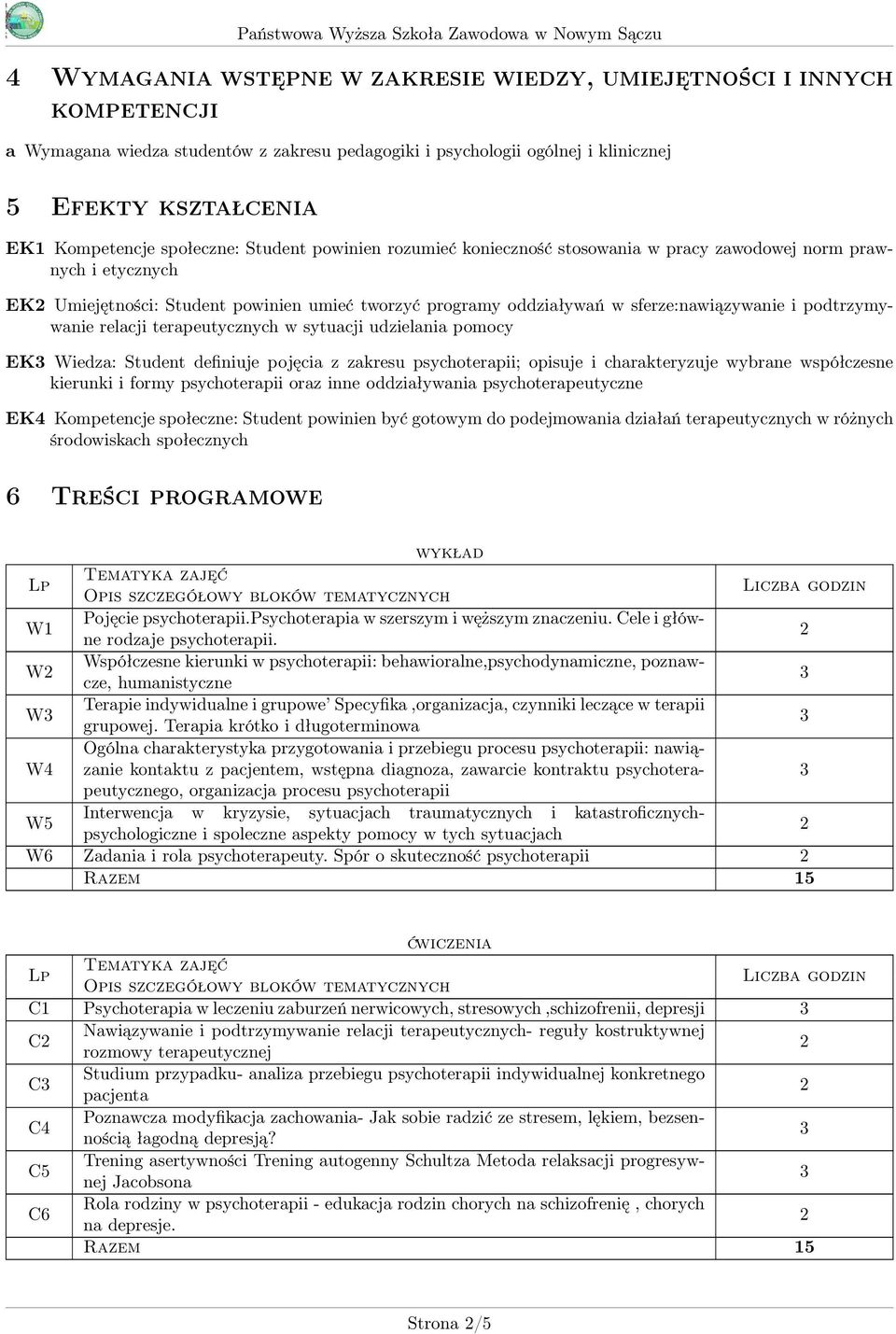 podtrzymywanie relacji terapeutycznych w sytuacji udzielania pomocy EK Wiedza: Student definiuje pojęcia z zakresu psychoterapii; opisuje i charakteryzuje wybrane współczesne kierunki i formy