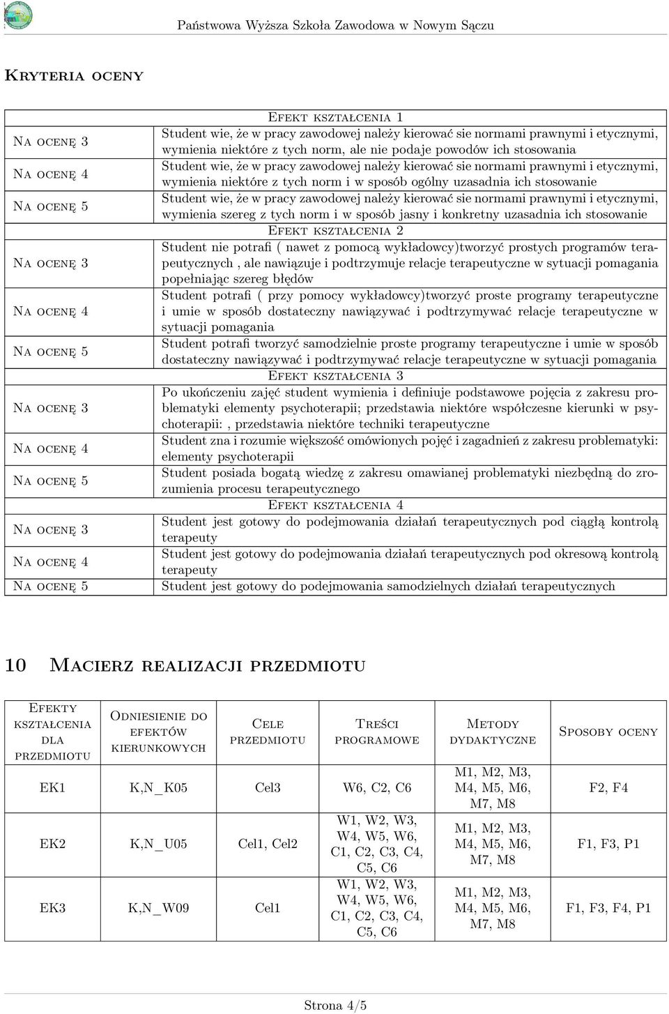 terapeutycznych, ale nawiązuje i podtrzymuje relacje terapeutyczne w sytuacji pomagania popełniając szereg błędów Student potrafi ( przy pomocy wykładowcy)tworzyć proste programy terapeutyczne i umie