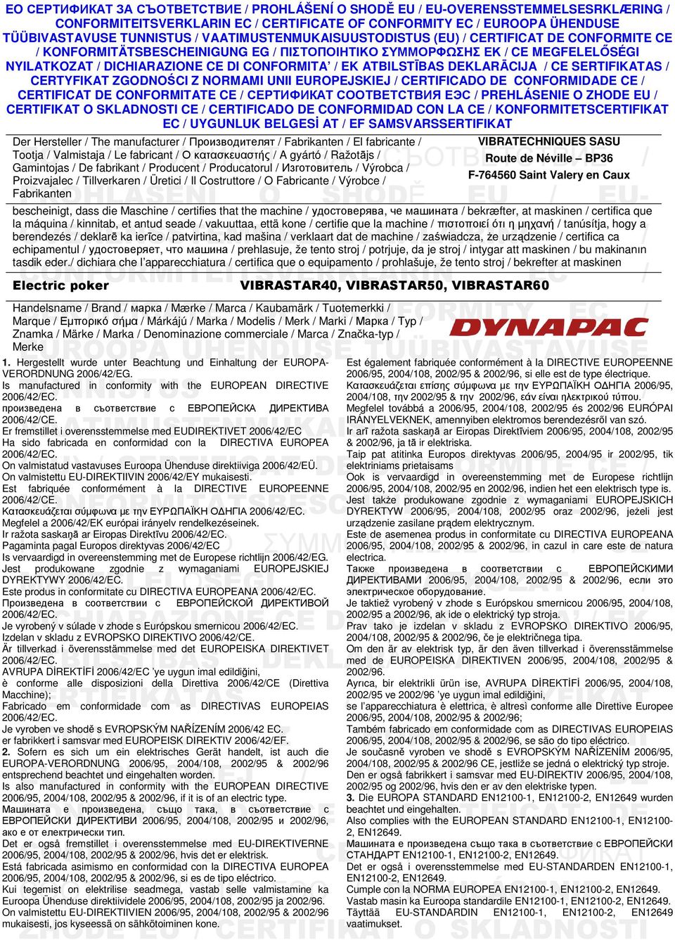 ATBILSTĪBAS DEKLARĀCIJA / CE SERTIFIKATAS / CERTYFIKAT ZGODNOŚCI Z NORMAMI UNII EUROPEJSKIEJ / CERTIFICADO DE CONFORMIDADE CE / CERTIFICAT DE CONFORMITATE CE / СЕРТИФИКАТ СООТВЕТСТВИЯ ЕЭС /