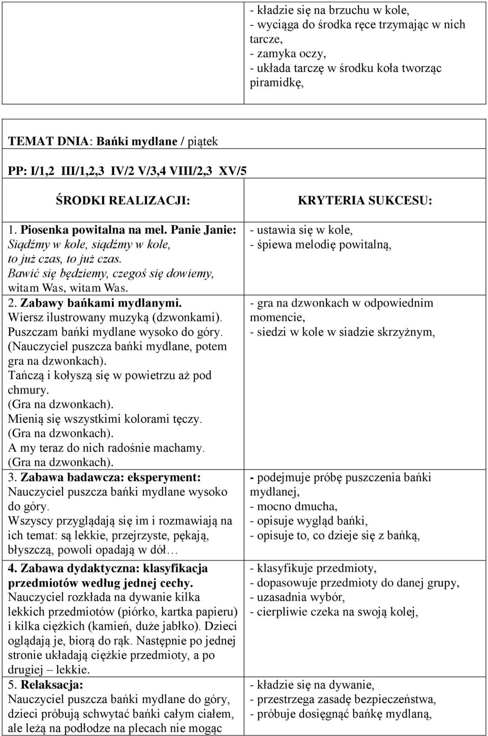 Bawić się będziemy, czegoś się dowiemy, witam Was, witam Was. 2. Zabawy bańkami mydlanymi. Wiersz ilustrowany muzyką (dzwonkami). Puszczam bańki mydlane wysoko do góry.