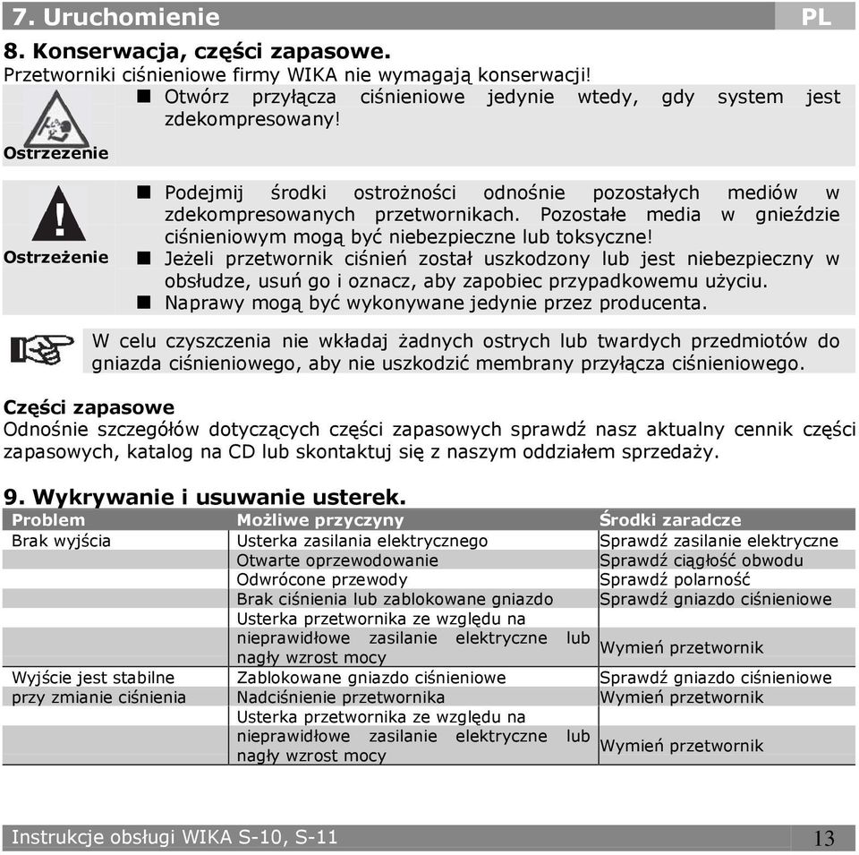 JeŜeli przetwornik ciśnień został uszkodzony lub jest niebezpieczny w obsłudze, usuń go i oznacz, aby zapobiec przypadkowemu uŝyciu. Naprawy mogą być wykonywane jedynie przez producenta.