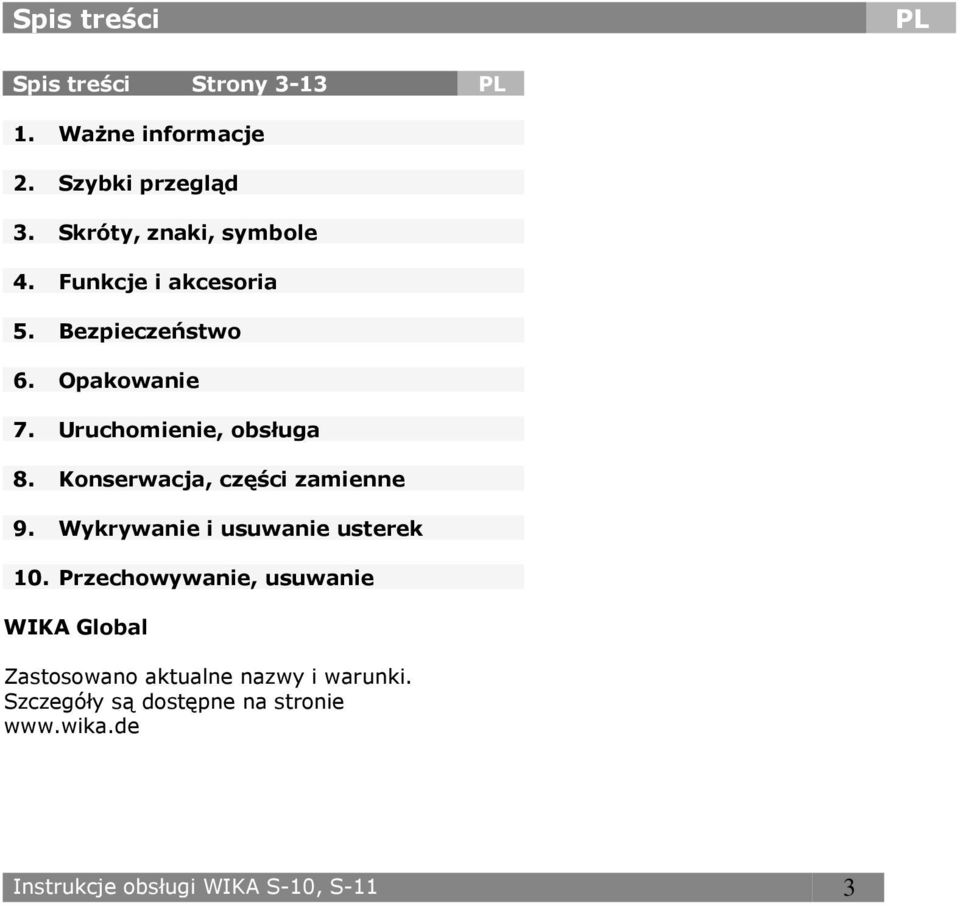 Uruchomienie, obsługa 8. Konserwacja, części zamienne 9. Wykrywanie i usuwanie usterek 10.